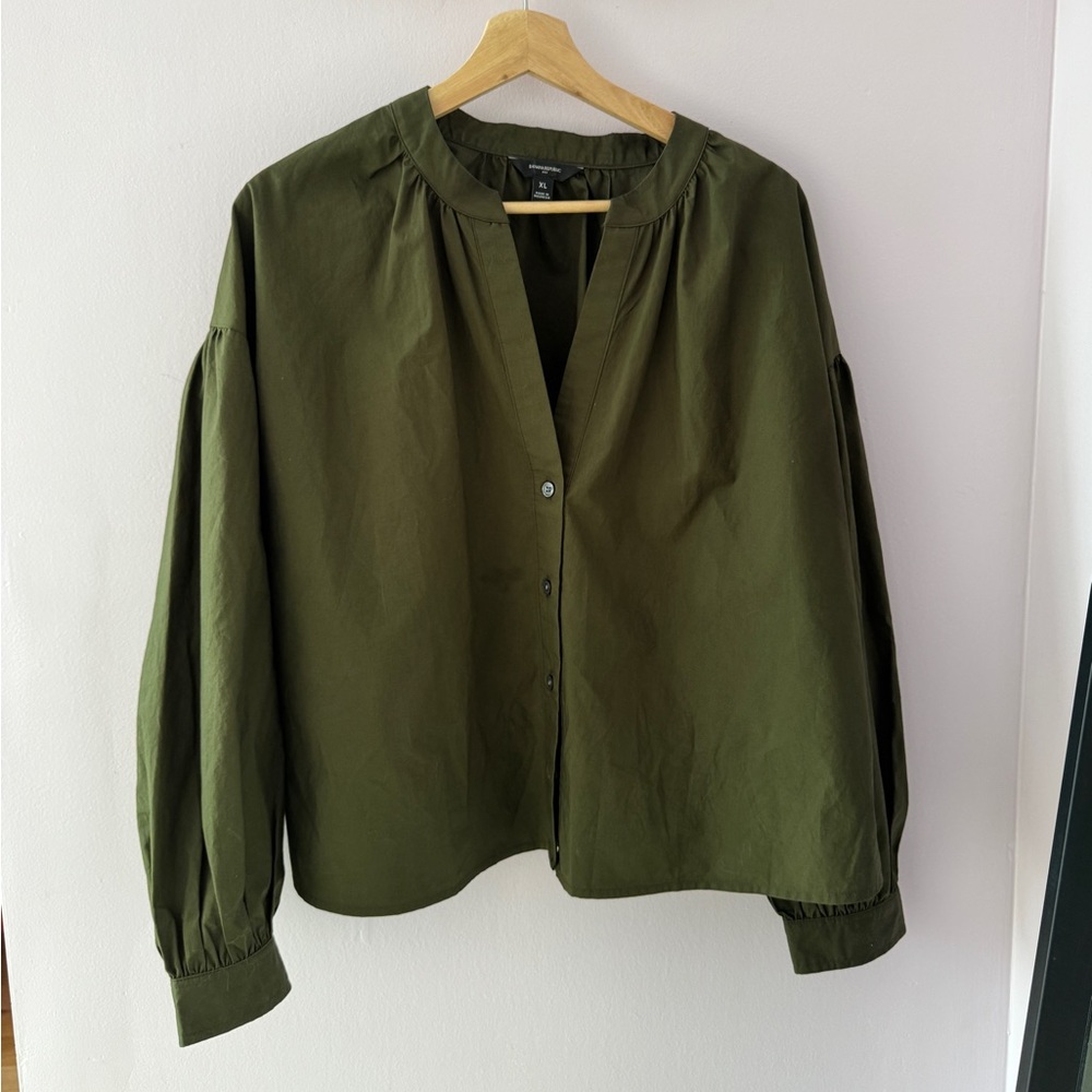 Banana Republic cotton poplin puff sleeve blouse olive green XL